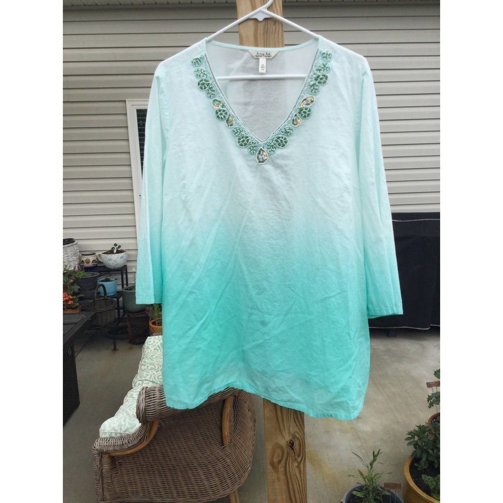 Krazy Kat size XXL tie die top blouse 3/4 sleeve beaded‎ beading teal coastal
